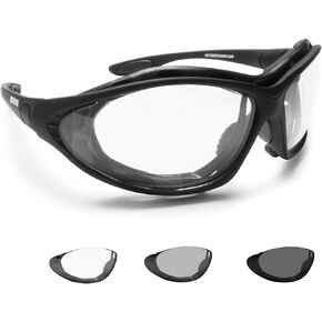 Bertoni Motorcycle Goggles Photochromic Lens Interchangeable Arms Strap mod.333 Motorbike Sunsensor Riding Padded Glasses