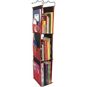 3 Shelf Adjustable Hanging Locker Organizer, 20-38" Tall x 6" Wide x 9" Deep, Shelves 12"-14" Tall, Hangs from Shelf, Hooks or Rod to Create Storage Space. Black with Red Trim