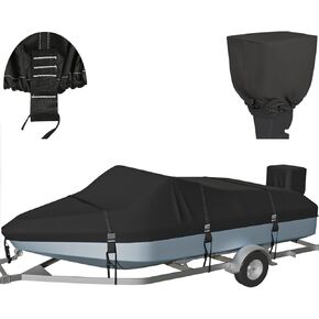 Upgraded 900D Solution-Dyed 100% Waterproof Boat Cover 16-18.5ft, Heavy Duty Trailerable Winter Bass Boat Cover 16-18.5 Foot V-Hull Tri-Hull Runabout Pro-Style Fishing Boat Cover