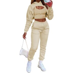 Vssjavun Women's Sexy 3 Piece Tracksuits - Long Sleeve Pullover Crop Top Hoodie +Tank Top+Drawstring Long Pants Sweatsuit