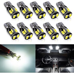 194 168 2825 T10 W5W Error Free LED Bulb Red, Super Bright 300 Lumens 10-SMD 5730 Chipset LED Bulbs for Interior Dome Map Door Courtesy License Plate Lights, Pack of 10