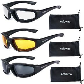 3 Pairs Motorcycle Riding Glasses Foam Padded Eyewear Goggles UV Protection Anti-Wind Dustproof Motorcycle Sunglasses for Outdoor Activities Sports-Clear Yellow Smoke.
