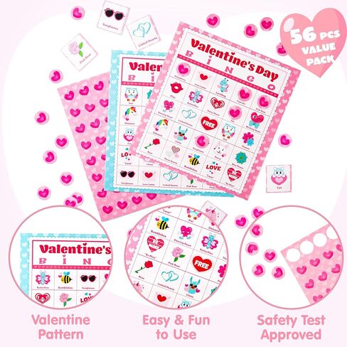 JOYIN 56 Players Valentines Day Bingo Cards (5x5) for Kids School Classroom Exchange Gift Rewards, Valentine’s Fun Party Games, Indoor Family Activities in Saudi Arabia