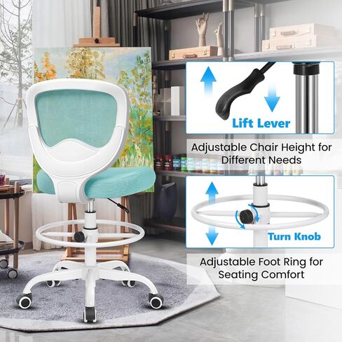 كرسي صياغة كرسي مكتب طويل لكراسي المكتب الدائمة مع مسند للقدمين بارتفاع قابل للتعديل، كرسي مكتب مرتفع بدون ذراعين، مقعد متدحرج مريح in Kuwait