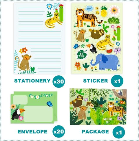 Paper Master Lined Stationary Paper and Envelopes Set for Kids Safari Animal Stationary Set with Lined Letter Writing Paper 30 Sheets + 20 Envelopes, 8.3 x 5.9 Inch of Each Stationary Paper in Saudi Arabia