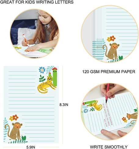 Paper Master Lined Stationary Paper and Envelopes Set for Kids Safari Animal Stationary Set with Lined Letter Writing Paper 30 Sheets + 20 Envelopes, 8.3 x 5.9 Inch of Each Stationary Paper in Saudi Arabia