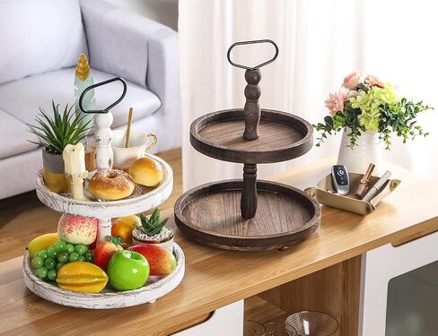 Farmhouse Wooden Decorative Two Tiered Trays+ Pu Leather Tray,Wood 2 Tier Serving Tray Stand for Rustic Table Centerpiece,Kitchen Decor,Coffee Bar, or Cupcake Stand (Brown) in Saudi Arabia