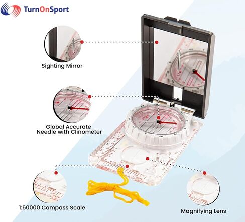 Sighting Compass Mirror Adjustable Declination - Boy Scout Compass Hiking Survival | Map Reading Compass Orienteering | Mirror Compass Hunting Camping - Kids Compass Navigation Waterproof Backpacking in Kuwait