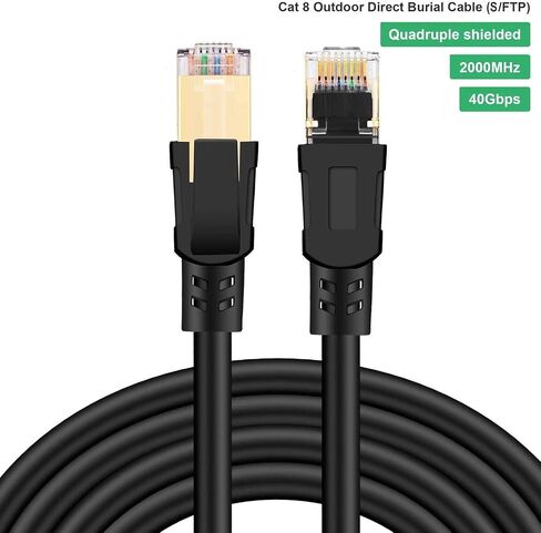 كابل إيثرنت Cat8 بطول 50 قدم، كابل شبكة LAN عالي السرعة 26AWG Cat8 40 جيجابت في الثانية، 2000 ميجاهرتز مع موصل RJ45 مطلي بالذهب، مقاوم للطقس شديد التحمل S/FTP مقاوم للأشعة فوق البنفسجية للمودم، جهاز التوجيه/الألعاب/Xbox in Kuwait