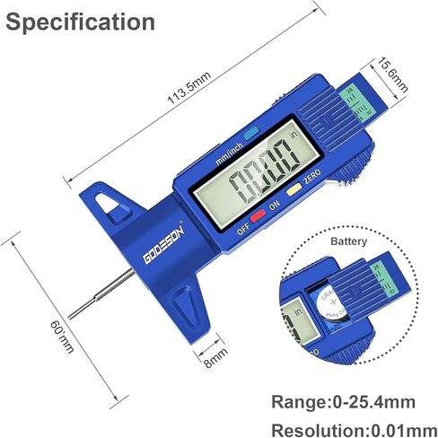 مقياس عمق مداس الإطارات GODESON، مقياس عمق مداس الإطارات الرقمي بالبوصة/مم مع شاشة LCD كبيرة وأداة قياس عمق مداس الإطارات للسيارات والشاحنات والدراجات النارية (أزرق) in Kuwait