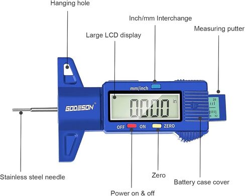 مقياس عمق مداس الإطارات GODESON، مقياس عمق مداس الإطارات الرقمي بالبوصة/مم مع شاشة LCD كبيرة وأداة قياس عمق مداس الإطارات للسيارات والشاحنات والدراجات النارية (أزرق) in Kuwait