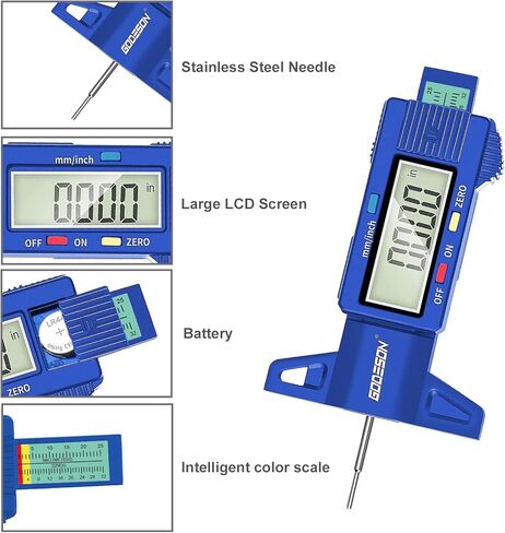 مقياس عمق مداس الإطارات GODESON، مقياس عمق مداس الإطارات الرقمي بالبوصة/مم مع شاشة LCD كبيرة وأداة قياس عمق مداس الإطارات للسيارات والشاحنات والدراجات النارية (أزرق) in Kuwait