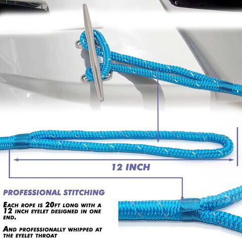 Double-Braided Nylon Dock Line-1/2 x 20' (Eyelet: 12 inch, 4 Pack Blue Reflective,Professional Boat Rope).Hi-Performance Marine Boats Mooring Rope Dock Line in Saudi Arabia