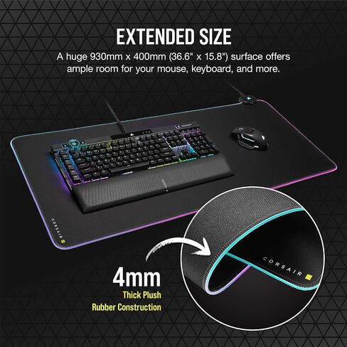 لوحة ماوس الألعاب CORSAIR MM700 RGB من القماش الممتد - 36.6 بوصة × 15.8 بوصة - إضاءة RGB 360 درجة - محور منفذ USB - مطاط سميك - أسود in Saudi Arabia