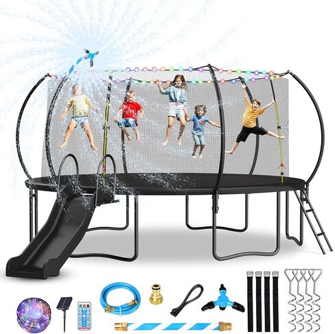 12 14 16FT Trampoline with Slide and Soccer for Kids and Adults, Outdoor Trampolines with Curved Poles, Pumpkin Backyard Trampoline with Slide, Capacity for 5-7 Kids and Adults in Saudi Arabia