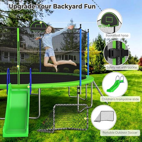 12 14 16FT Trampoline with Slide and Soccer for Kids and Adults, Outdoor Trampolines with Curved Poles, Pumpkin Backyard Trampoline with Slide, Capacity for 5-7 Kids and Adults in Saudi Arabia