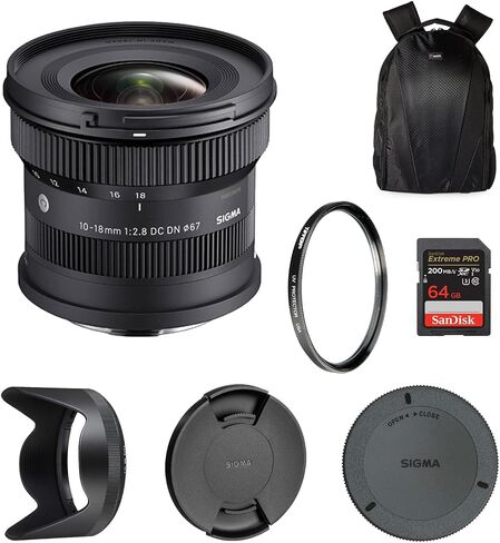 عدسة سيجما 10-18 ملم f/2.8 DC DN Sony E Mount المعاصرة | تكبير بزاوية واسعة جدًا مع فلتر حماية من الأشعة فوق البنفسجية مقاس 67 مم من Tiffen، وحقيبة ظهر لكاميرا Waith وبطاقة ذاكرة Extreme PRO UHS-I SDXC سعة 64 جيجابايت (مجموعة الحزمة) in Saudi Arabia