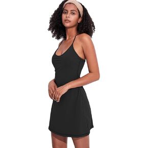 Women's Exercise Workout Dress with Built-in Bra & Shorts Sleeveless Tennis Golf Athletic Dress with Pockets Black L