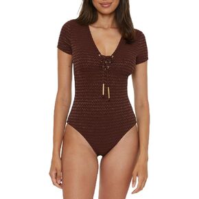 Trina Turk Women's Glimmer Lace Up One Piece Swimsuit, Plunge V-Neck, Bathing Suits