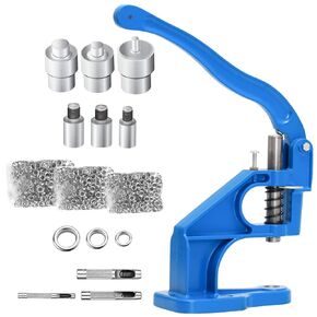 Hand Press Grommet Machine, Grommet Tool Kit Press Punch Tool Kit with 3 Dies (1#2#3#) and 1500 Pcs Grommets Self Piercing Grommet (6/10/12mm) for Banners Awnings Posters Curtains Shoes