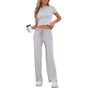 cheibear Womens 2 Piece Lounge Outfits Crew Neck Short Sleeve T-shirt 2024 Wide-Led Drawstring Pants Set Yoga Sweatsuit in Kuwait