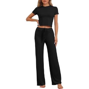 cheibear Womens 2 Piece Lounge Outfits Crew Neck Short Sleeve T-shirt 2024 Wide-Led Drawstring Pants Set Yoga Sweatsuit