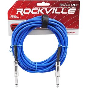 Rockville RCGT20BL Instrument Cable, 20 Ft, Blue, 1/4'' TS to 1/4'' TS, 100% Copper, Shielded, Perfect for Guitar, Live Performances, and Studio Use