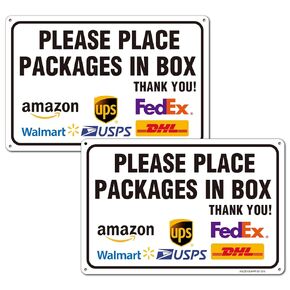 Please Place Packages in Box Sign, Pack Delivery Sign for Packages, Delivery Box Instructions Sign, 2Pack-12"x8" Rust Free Reflective Aluminum, Fade/Weather Resistant, UV Protected, Easy to Mount