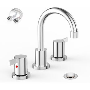 Phiestina 8 Inch 3 Hole Widespread Chrome Bathroom Faucet 2 Handle Bathroom Vanity Faucet with Metal Pop Up Drain & cUPC Water Supply line,BF03042-K01-C