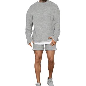 Men's 2 Piece Outfits Long Sleeve Crewneck Sweatshirt Tops and Drawstring Shorts Set Tracksuits in Saudi Arabia