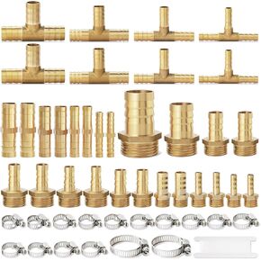 49PCS Brass Hose Barb Fittings Assortment Kits 1/8" 1/4" 5/16" 3/8" 1/2" 3/4'' 1'' Barb to Male NPT Thread Air Hose Fitting, Barbed Splicer and Tee with Clamps
