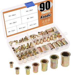 Keadic 90Pcs Nutsert Threaded Insert Rivnuts Assortment Kit M3 M4 M5 M6 M8 M10 M12 Zinc Plated Carbon Steel Nutsert Threaded Rivet Insert Nut Nutsert Flat Head Threaded Insert Nutsert Kit for Metal