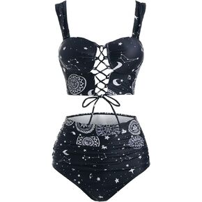 DRESSFO Bikini Set for Women Two Piece Bathing Suit High Waisted Bikini Gothic Sun and Moon Tummy Control Swimsuits