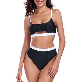 RELLECIGA Women's High Waisted Bikini Set Scoop Neck Color Block Two Piece Swimsuits