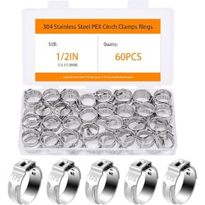 1/2 PEX Crimp Ring 60 PCS, PEX Cinch Clamps, 304 Stainless Steel Single Ear Hose PEX Fitting Clamps