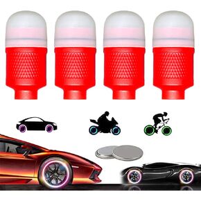 4 Pack LED Bike Tire Lights for Car Trucks Valve Stem Caps Golf Cart Firefly Wheel Lights Bicycle Motorcycle Tyre Spoke Flash Light for Kids Boys Men Women with 6 Extra Battery (Red)