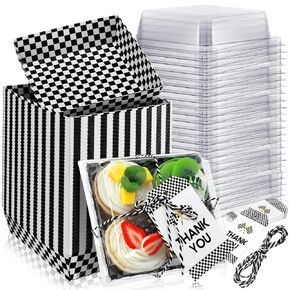 Tioncy 50 Sets Race Car Party Charcuterie Boxes with Ropes and Cards Black and White Checkered Disposable Paper Food Containers Dessert Boxes Race Car Party Supplies for Sandwich Cookie Snack