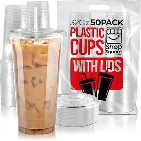 Shop Square 32 oz Plastic Cups with Lids (50 Pack) - Disposable Clear Cups for Iced Coffee, Boba, Milk Tea, Smoothies, and Fruit Shakes for Parties, Cafes, Restaurants