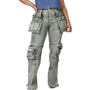 Women's Novelty Fashion Zip Side Slit High Waist Denim Jeans Pants with Multi Pockets