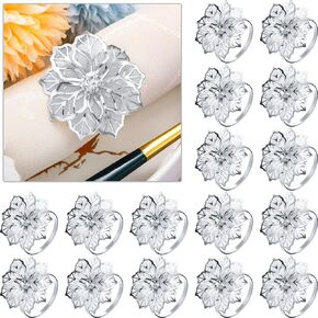 24 Pcs Hollow Out Flower Napkin Rings Fall Rhinestone Napkin Holder Set Adornment Exquisite Household for Thanksgiving Day Christmas Wedding Party (Silver)