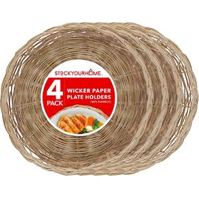 Stock Your Home 10-Inch Bamboo Paper Plate Holder (4 Count) - Heavy Duty Wicker Reusable Natural Charger Plates