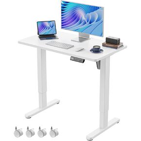 HUANUO Electric Small Standing Desk, 35" x 20" Whole Piece Desktop, Adjustable Height Computer Desk, 4 Height Memory Settings, Sit Stand Up Desk for Home Office, White