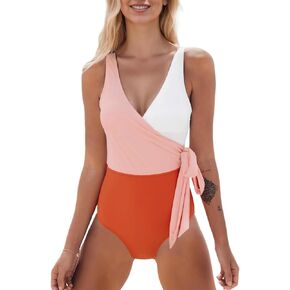 CUPSHE Women's One Piece Swimsuit Color Block Bathing Suit V Neck Wrapped Self Tie Swimwear