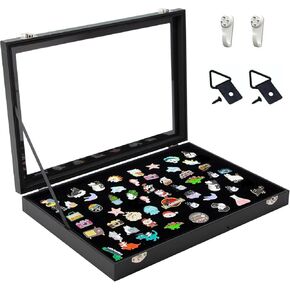 Enamel Pin Display Case 11x8 Inch Shadow Box Frame with Hooks Pin Collection Holder for Military Medal Jewelry Pin Badge Rings Necklaces Bracelets
