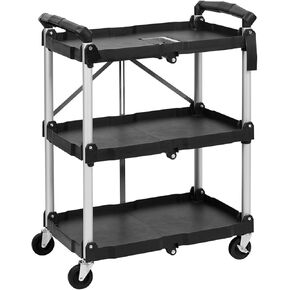 3 Tier Folding Rolling Utility Cart, Portable Collapsible Service Cart, 165 Lbs, Foldable Tool Cart with Dual Ergonomic Handles, Wheels for Warehouse, Home, Restaurant, Black