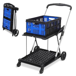 Folding Shopping Cart with Wheels, 2-Tier Collapsible Service Cart with Storage Crate, Utility Carts, 200LBS High-Capacity Storage Outdoor Wagon for Groceries, Hand Truck Blue