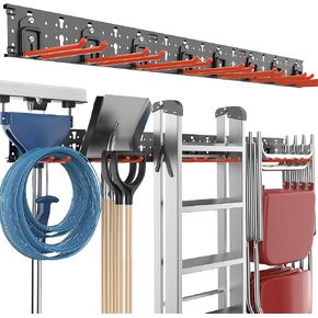 Garage Tool Storage Organizer Wall Mount, Versatile Garden Tool Rack Organization, Folding Chair Hangers with 8 Multifunctional Hooks, Max Load 330lb, 48inch