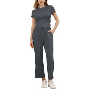 EYZH Womens Two Piece Outfits Summer Lounge Sets,Ruched Short Sleeve Crop Tops and High Waist Wide Leg Pants Two Piece Set