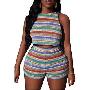 GORGLITTER Women's 2 Piece Summer Outfits Striped Sleeveless Crop Tank Tops and High Waisted Knit Shorts Sets