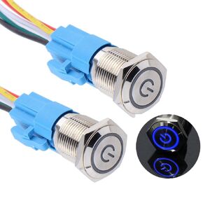 2PCS 22mm Latching Push Button Switch 12V-24V On/Off 1NO 1NC Self-Locking Metal Silver Shell with Socket for 7/8" Mounting Hole Waterproof IP66 Power Symbol (Blue Led)
